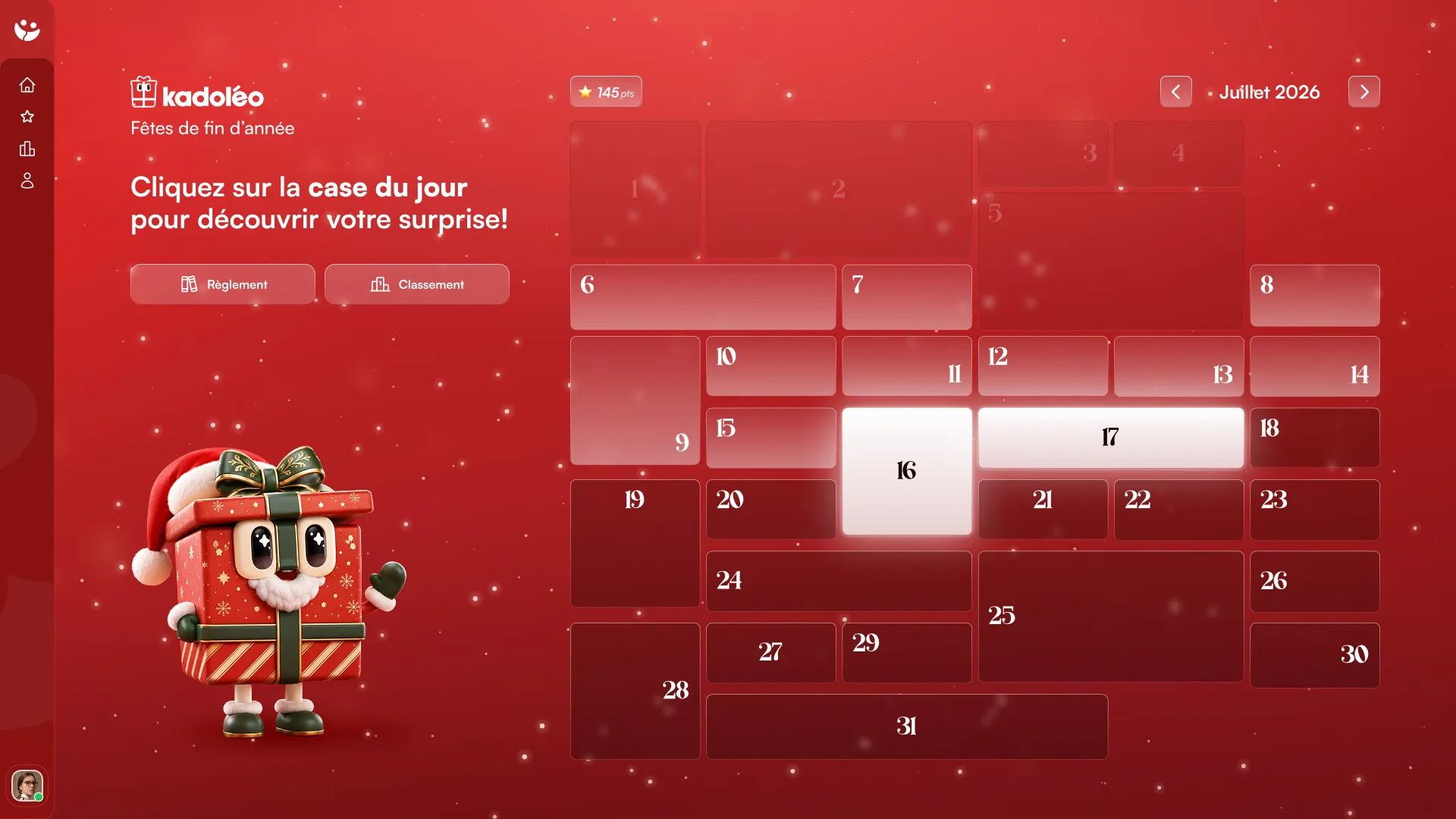 Interface Kadoleo sur ordinateur avec un calendrier de cases quotidiennes